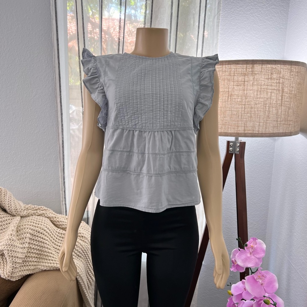 Blue Topshop Pleated Front Top Size 2 Sleeveless Ruffle Peasant Boho Shirt